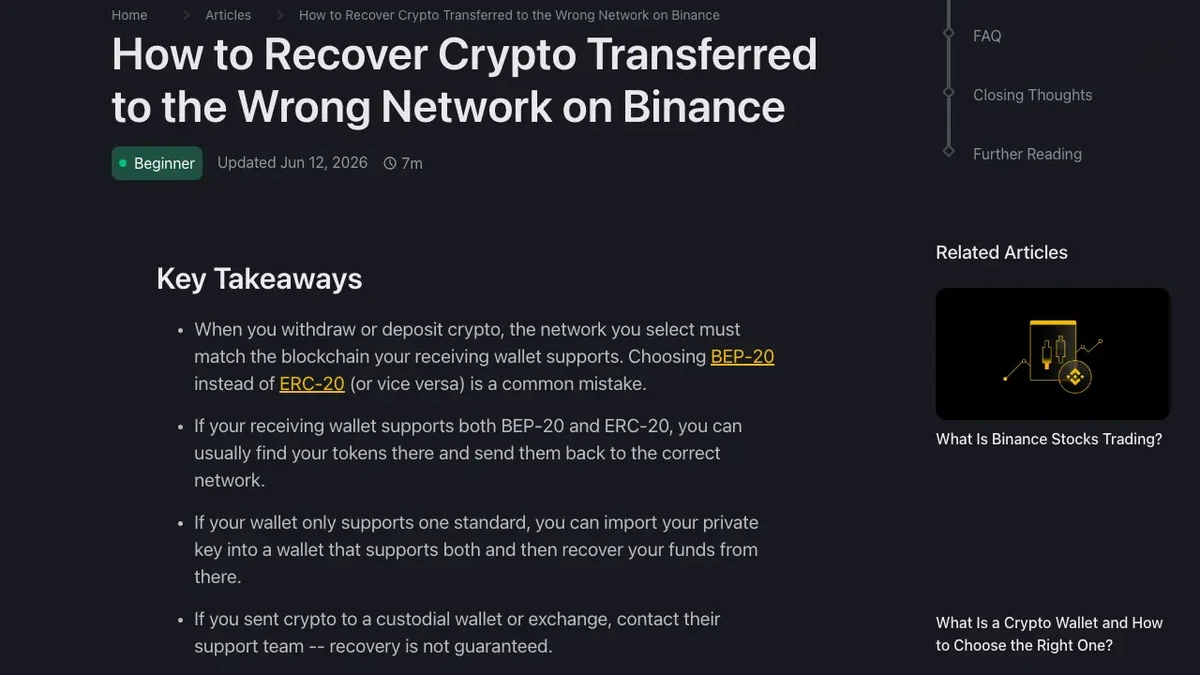 Binance Academy article on recovering crypto transferred to the wrong network