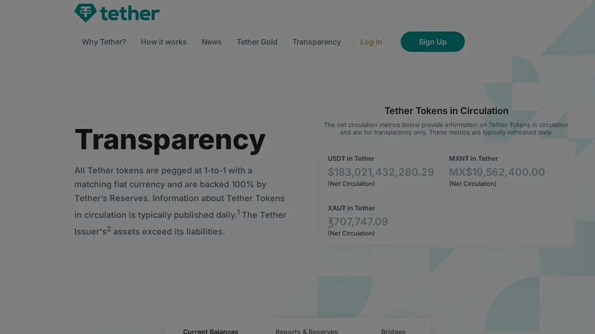 Tether's official transparency page showing USDT tokens in circulation