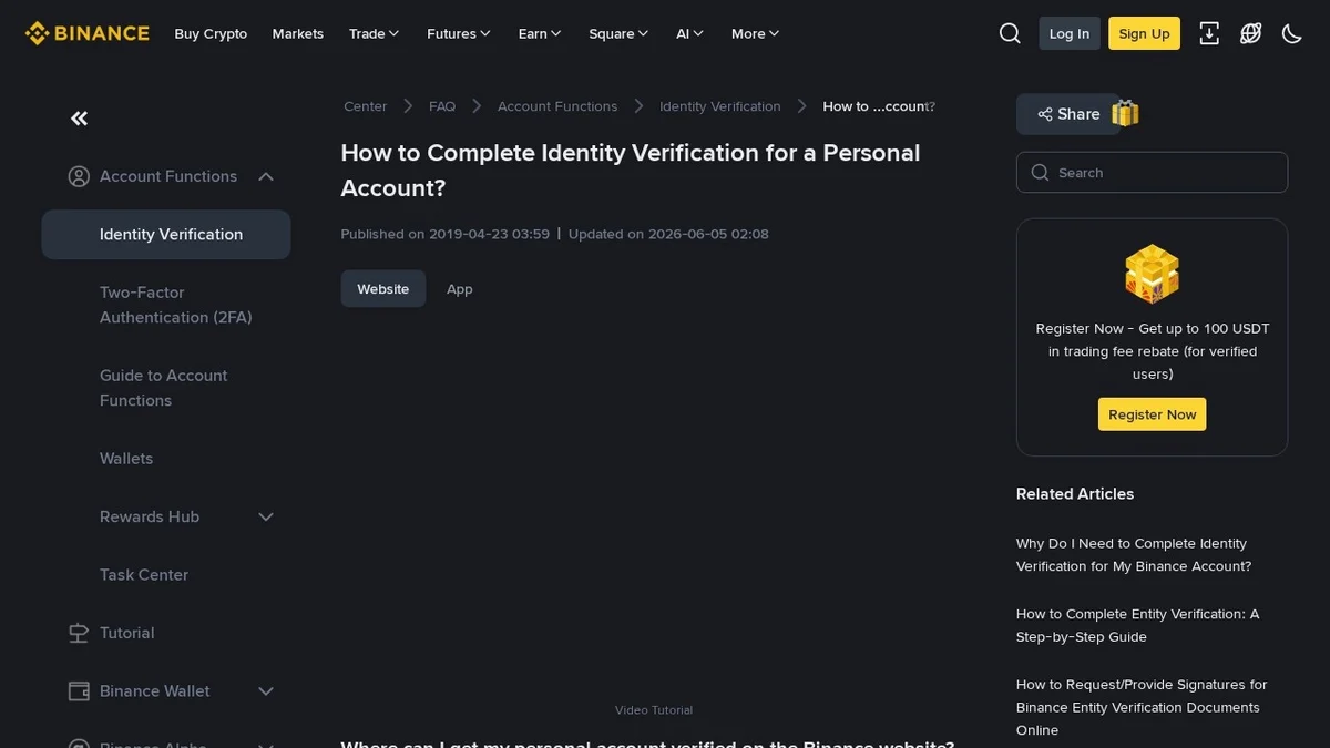 Binance's official support article on how to complete identity verification for a personal account