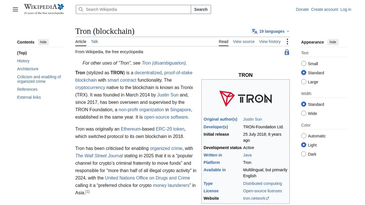 Wikipedia's article on the Tron blockchain