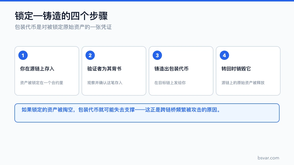 跨链桥锁定—铸造的四个步骤：源链存入、验证者背书、铸造包装代币、销毁赎回