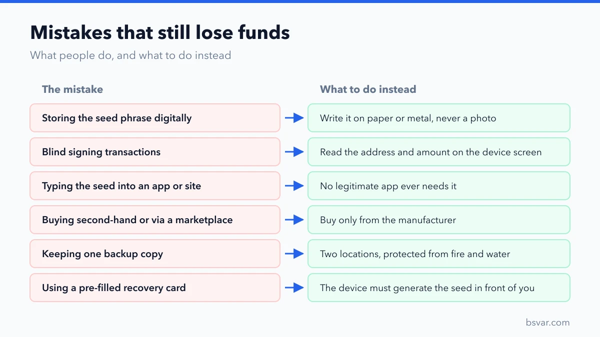 Six hardware-wallet mistakes that still lose funds, each paired with what to do instead