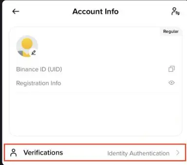 Binance app Account Info screen with the Verifications identity-authentication entry highlighted