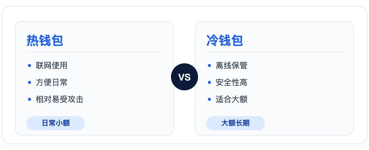 冷钱包 vs 热钱包：热钱包联网方便、冷钱包离线更安全
