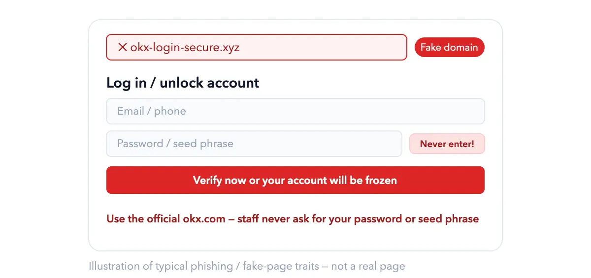 Phishing / fake login page — how to spot it (illustration, not a real page)