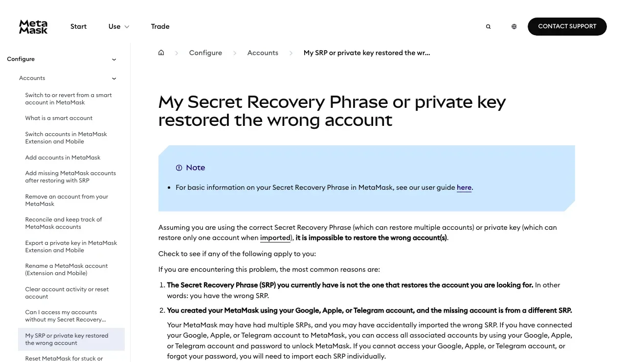 MetaMask help center page titled "My Secret Recovery Phrase or private key restored the wrong account", explaining that a Secret Recovery Phrase can restore multiple accounts while an imported private key restores only one