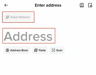 币安官方帮助页截图：App 的 Enter address 页面，红框标出顶部的 Select Network 按钮和 Address 地址输入框，下方有 Address Book、Paste、Scan 三个按钮