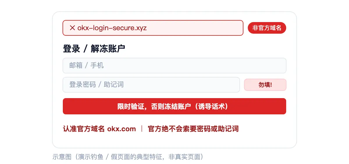 钓鱼 / 假登录页识别示意图（非真实页面）